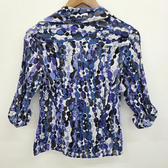 Ann Taylor Petites Blue Purple Abstract Blouse Button Front Roll Tab Size 4P - Picture 3 of 9